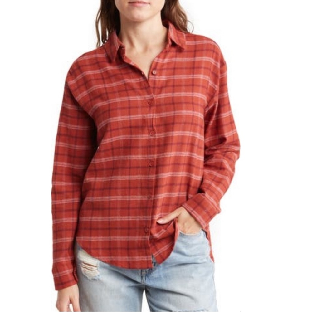 Medium abound red plaid button up